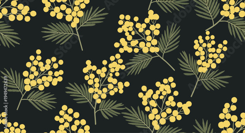 Mimosa flower seamless pattern featuring yellow pom-pom blossoms and green feathery leaves on a dark background.