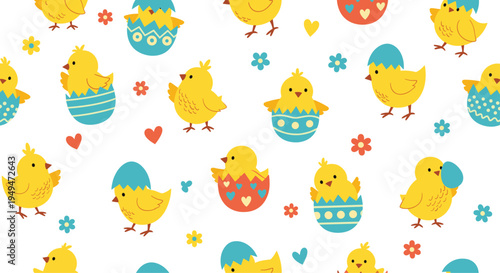 Cute Easter seamless pattern with yellow chicks hatching from decorated eggs and small flowers and hearts on white.