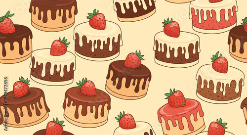 Delicious mini cakes seamless pattern with chocolate and vanilla frosting topped with fresh strawberries on beige.