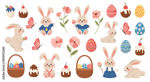 Easter elements set including bunnies, baskets with eggs, butterflies, flowers, and festive cupcakes on a white background.