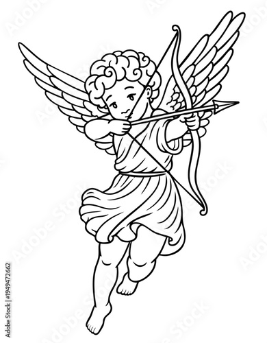 Hand Drawn Cupid Shooting Love Arrow, Eros God of Love Bringing Romance on Valentine’s Day