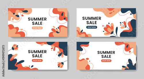 Set of four summer sale horizontal banners with abstract fluid shapes and floral motifs in warm blue and orange colors.