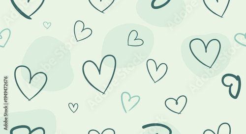 Minimalist heart seamless pattern with simple green heart outlines and abstract blobs on a light green background.