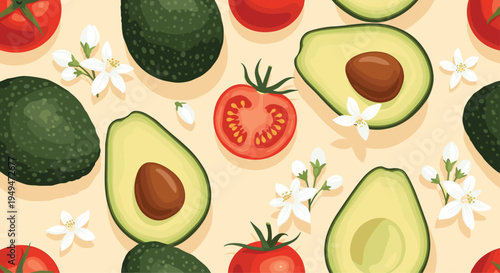 Fresh food seamless pattern with green avocados, red tomatoes, and white citrus flowers on a light creamy background.
