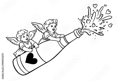 Hand Drawn Romantic Cupids Celebrating with Champagne Splash, Playful Angels of Love for Valentine’s Day