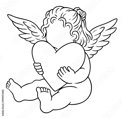 Hand Drawn Cute Girl Angel Sitting with Heart, Innocent Symbol of Love and Affection for Valentines Day