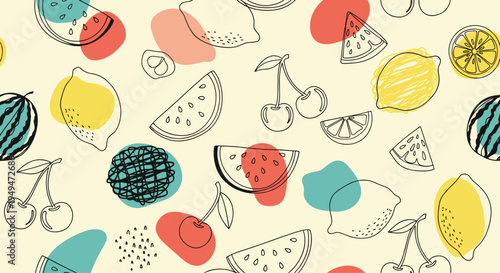 Hand-drawn fruit seamless pattern with outlines of lemons, watermelons, and cherries over colorful abstract shapes.
