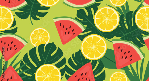 Tropical fruit seamless pattern with yellow lemon slices, red watermelon wedges, and green monstera leaves on light green.