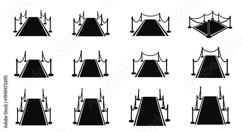 Black and white illustration of red carpet event barriers in various perspectives