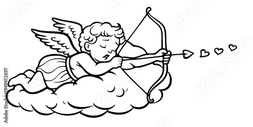 Hand Drawn Sleeping Cupid on Cloud Shooting Love Arrows, Dreamy Romantic Angel for Valentines Day