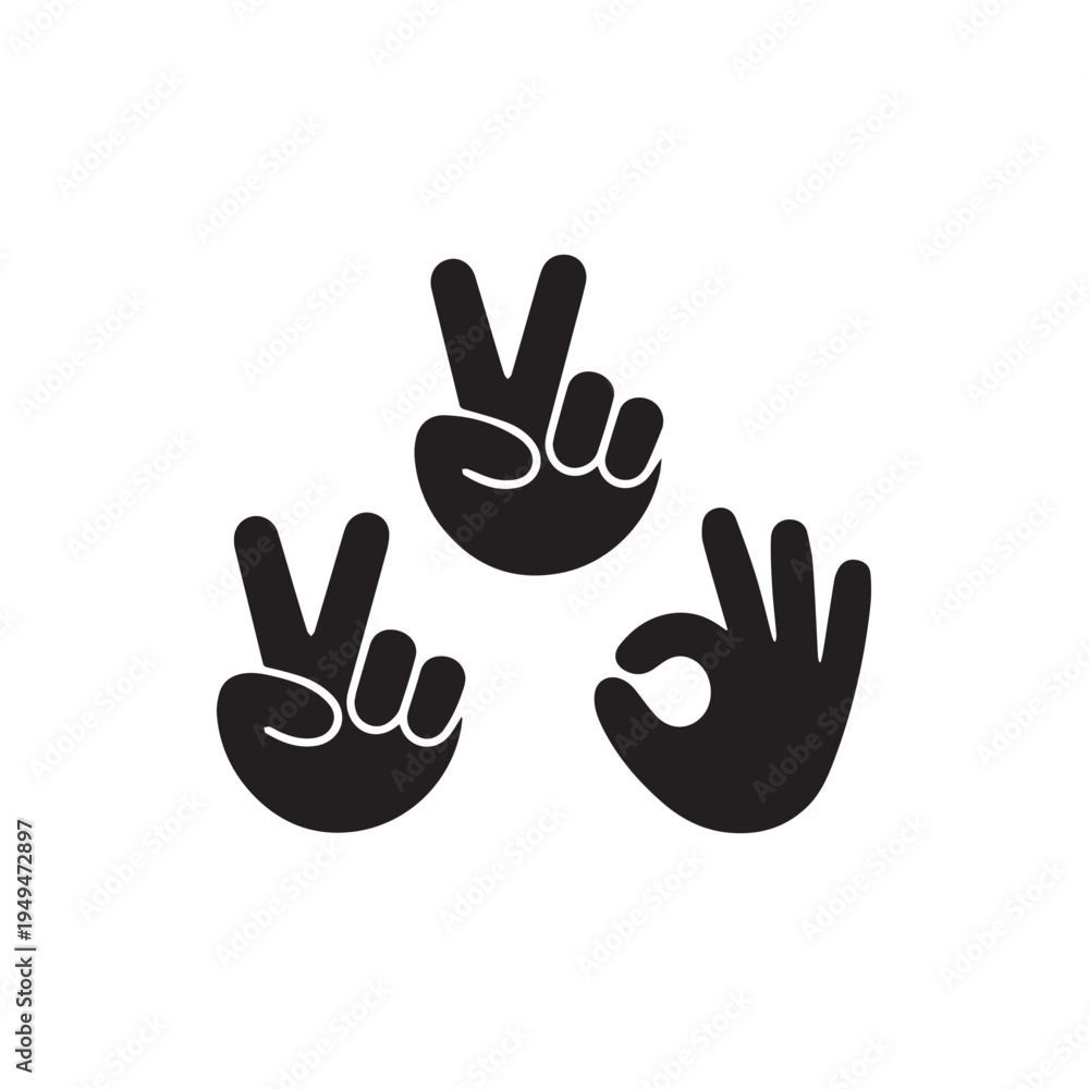 Obraz premium Minimalist Hand Gesture Symbols Vector Illustration with Peace Sign and OK Sign
