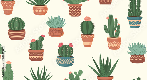 Vibrant seamless pattern of various green succulent and cactus plants in decorative brown and blue terracotta pots over a light cream backdrop.
