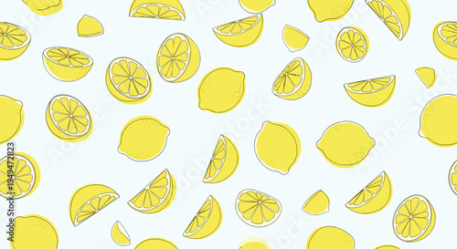 Seamless pattern of hand drawn yellow lemons and fresh citrus slices scattered on a soft blue background for textile and wallpaper design.