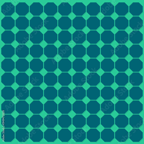 Seamless geometric tile pattern with teal octagons and diamond connectors. Modern repeating background perfect for wallpapers, floor tiles, textiles and contemporary surface design.
