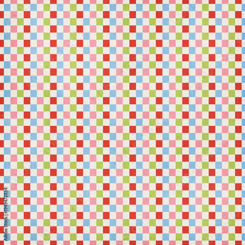 Seamless colorful checkered pattern with red, blue, green and pink squares. Playful geometric repeating background perfect for textiles, wallpapers, packaging and kids design.