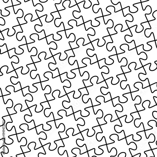 Seamless modern jigsaw puzzle pattern with small black squares on white background. Clean geometric repeating design perfect for minimal wallpapers, textiles, packaging and modern graphic design.
