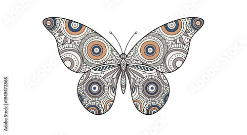 Detailed butterfly illustration with intricate circular mandala patterns on its wings isolated on a white background for coloring or design projects.