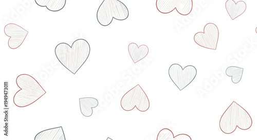 Romantic seamless pattern of hand-drawn sketched hearts in grey and red colors scattered across a white background for weddings and valentines.