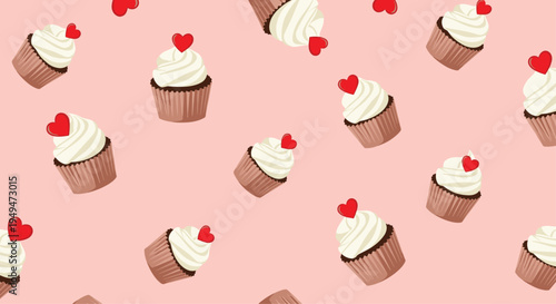 Sweet seamless pattern of vanilla cupcakes with cream frosting topped with red hearts over a soft pink background for romantic celebrations and gifts.
