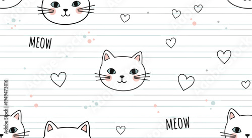 Playful seamless pattern featuring cute white cat heads and small pink hearts with the word meow on a blue lined paper background for kids.