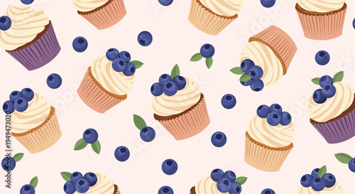 Delicious seamless pattern of vanilla cupcakes with purple liners topped with creamy frosting and fresh blueberries on a light pink background.