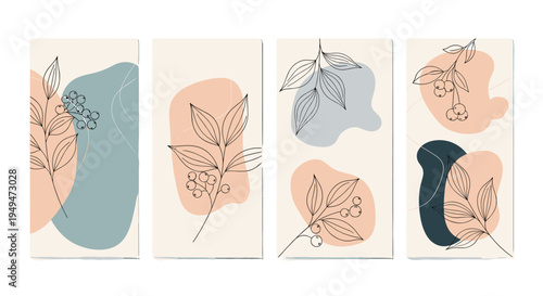 Set of four vertical banners or social media stories with minimal botanical line art and abstract earth tone organic shapes.