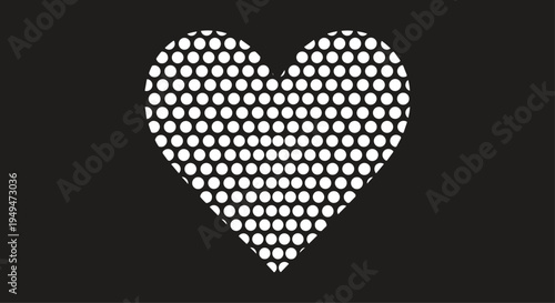 Striking heart symbol composed of many white circular dots on a solid black background creating a perforated effect.