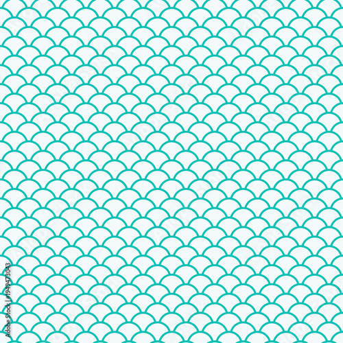 Minimal scallop scale pattern with turquoise outlines on light background. Clean geometric repeating design perfect for wallpapers, textiles, packaging and modern surface design.