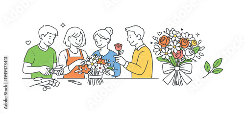 A creative floral design situation where people assemble fresh flowers into an elegant arrangement for decoration and meaningful occasions, visual metaphor of a blooming bouquet