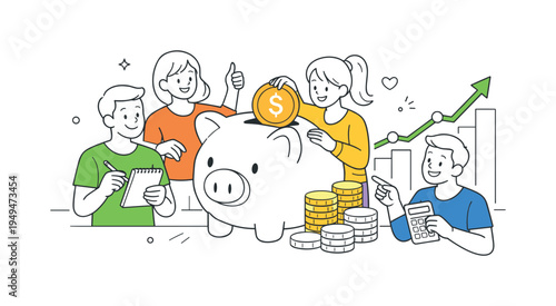 People strengthening financial responsibility and personal budgeting habits together, several characters gathered around a large piggy bank beside stacked coins while a small