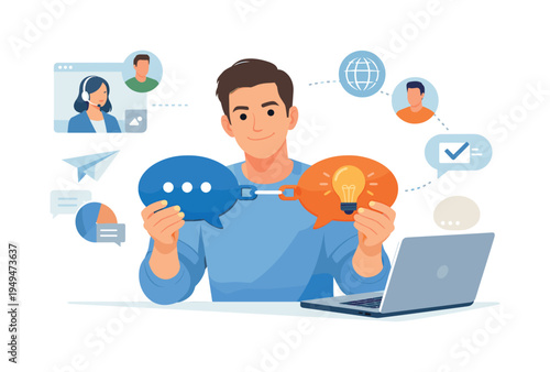 A remote professional maintaining supportive communication and collaboration with colleagues in a digital workplace, visual metaphor of a person sitting beside an open laptop while