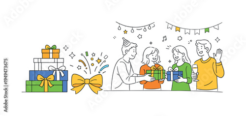 A festive end of year moment where friends exchange thoughtful presents and celebrate new beginnings during a lively holiday gathering filled with decorations and cheerful energy