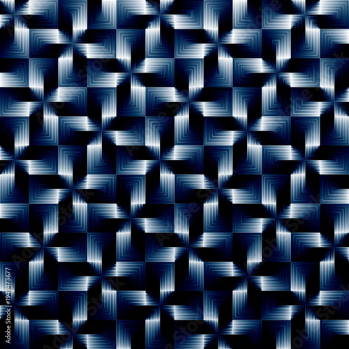 Seamless abstract geometric pattern with layered blue zigzag shapes and glowing gradients. Modern dynamic repeating background perfect for wallpapers, textiles, packaging and digital design.