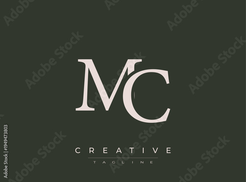 MC monogram logo template with creative tagline on dark background