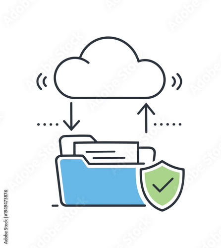 Digital file backup and reliable cloud data protection in a modern technology environment, a simple cloud connected to a folder and a small shield forming a clear visual metaphor