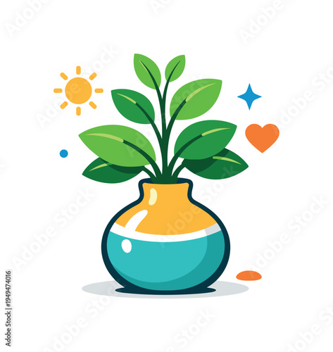 Healthy indoor environment and nature-inspired home design focused on bringing greenery into everyday spaces, a stylized houseplant growing from a smooth decorative vase creating a