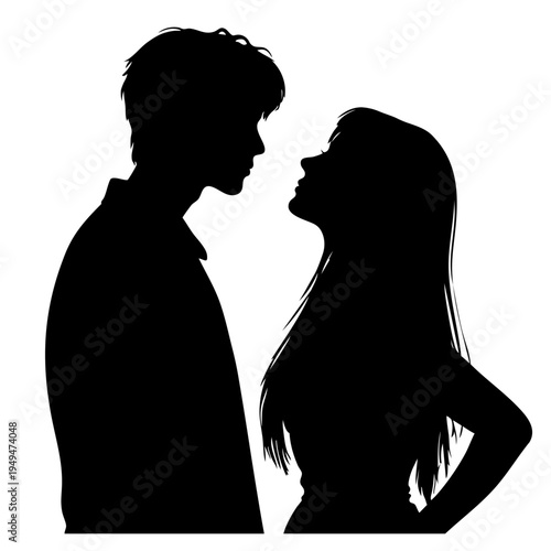 Young Man and Woman Silhouette Facing Each Other with Intense Eye Contact, Romantic Tension