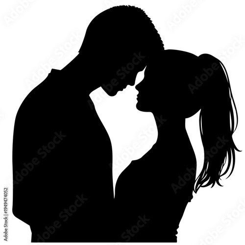 Romantic Couple Silhouette Standing Close Forehead to Forehead, Intimate Hug and Deep