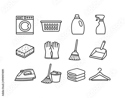 Laundry and cleaning household items: washing machine front view, laundry basket, detergent bottle, spray cleaner bottle, sponge, rubber cleaning gloves, broom, dustpan, mop with