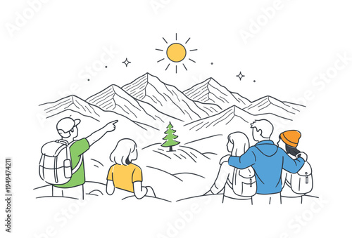 An outdoor inspiration scene where people admire a majestic mountain view and reflect on natures scale and beauty together, expressed through a simple visual metaphor of engraved