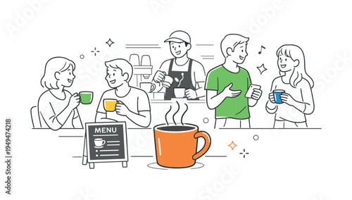 A coffee service lifestyle scene where people enjoy freshly prepared drinks while a barista works behind the counter in a welcoming cafe setting, expressed through a clear visual