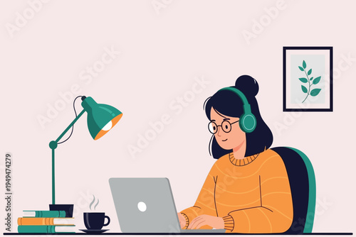 A young woman intently works on a laptop with books and a warm beverage