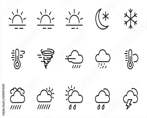 Weather forecast line icon set featuring sun, clouds, rain, thunderstorm, snowflake, wind, tornado, temperature, moon night and umbrella minimal outline vector icons collection for climate and meteoro