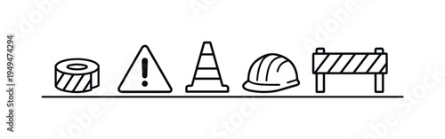 Workplace safety and hazard marking system highlighting restricted zones and construction site precautions to protect workers and visitors, caution tape roll, warning triangle
