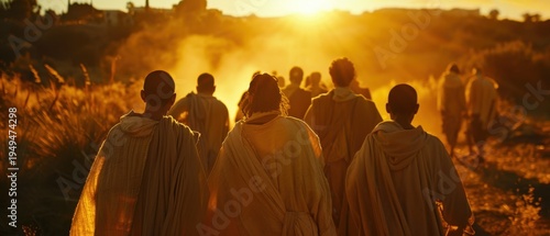  Rear view of biblical disciples walking towards a glowing sunset on a dusty road. Christian apostles, spiritual journey, and faith concept.