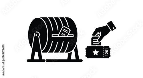 Lottery drawing depicted with a drum hand and winning ticket illustration