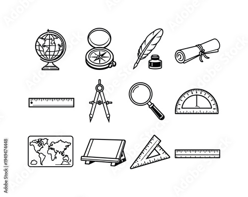 Vintage cartography workshop: antique globe, brass compass, quill pen, ink bottle, rolled parchment, ruler straightedge, divider caliper, magnifying glass, protractor, map stencil