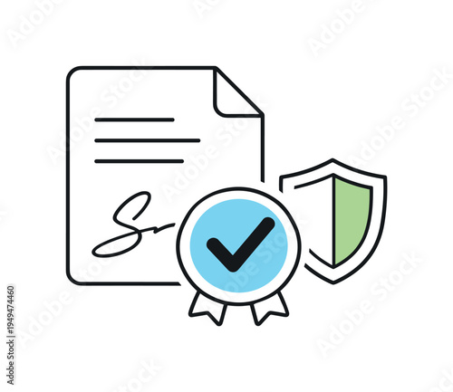 Secure online document signing and trusted digital approval process in modern business operations, a simple document page combined with a checkmark badge and a small shield forming