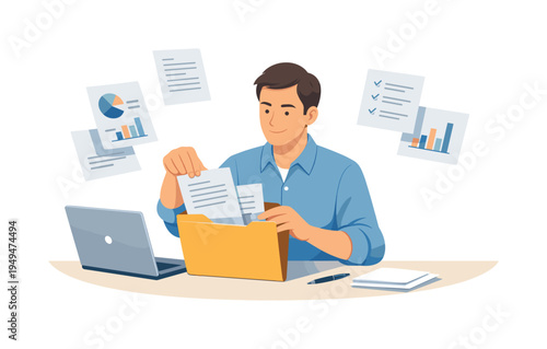 A professional managing information overload in a digital work environment, visual metaphor of a calm office worker gently organizing several floating document sheets into one