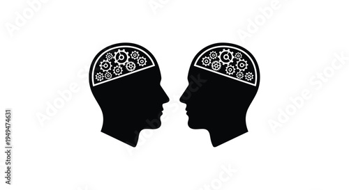 Two silhouetted heads facing each other filled with intricate gear mechanisms